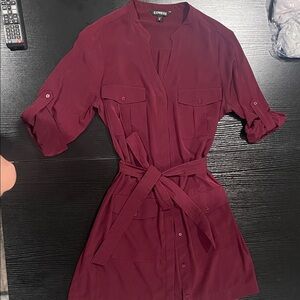 Express Maroon Belted Shirt Dress